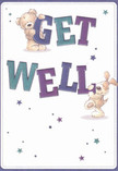 Radiating warmth and optimism, this cheerful get well card showcases two adorable characters-a friendly teddy bear and a lively puppy-seemingly springing from the page, each balancing joyfully atop the oversized, colourful letters of 'Get Well.' The text's indigo and teal shades pop vibrantly against a creamy white background, echoing the lively energy found along Docklands' Riverside Walk. Scattered throughout, stars in hues of blue, lavender, and plum twinkle, adding whimsy and hope to the composition. The artist's attention to tactile detail is clear: the bear's fur looks soft enough to stroke, while the puppy's floppy ears offer visual comfort, conjuring the same gentle embrace as a hand-tied get-well bouquet prepared for a friend near Millwall Outer Dock. This card is more than a message; it's an emotional balm-perfect for bringing a measure of joy, comfort, and sincere good wishes to someone in recovery across the Docklands area, echoing the heartfelt care offered by local florists.