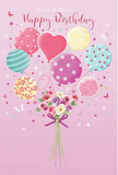 A playful, pastel birthday design floats across a soft pink background, like a celebration rising over the Docklands skyline. At the centre, a cheerful bouquet of balloons appears to lift a cluster of fresh flowers into the air, turning the arrangement into a whimsical hot-air balloon of blooms. The balloons come in shades of blush, teal, lemon, lavender, and sea green, each with its own distinct personality. Some are wrapped in flowing ribbons that spiral around their rounded forms, others are sprinkled with candy-like polka dots, and one stands out as a heart-shaped balloon glowing with a deeper rose hue, gently suggesting love and affection. Their glossy surfaces catch the light, echoing the shine of glass along the wharf. Beneath this airy gathering, a compact bouquet of roses and soft, anemone-like blossoms sits at the base, petals layered in creamy ivory, tender pink, and muted mauve. The blooms appear plush and full, as if freshly arranged by a local Docklands florist who understands how to balance colour and texture. A rich purple satin bow draws the stems neatly together, its sheen mirroring the highlights on the balloons above. Tiny butterflies and scattered star motifs drift around the composition, adding movement and a hint of magic, like fleeting glimpses of light on the Thames. The overall mood is gentle yet joyful, perfectly suited to a birthday that calls for something both sweet and memorable, evoking the sense of a thoughtful card chosen for someone special living or celebrating in the Docklands area.