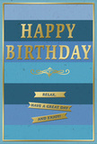 Calm and contemporary, this blue and gold birthday card is shown standing upright, its design echoing the cool tones and clean lines of the Docklands skyline. The background consists of generous horizontal stripes, each one a different shade of blue, moving from deep navy through slate and teal towards lighter sky blues, like layers of evening light over the wharf. Centered on these bands, HAPPY BIRTHDAY is embossed in tall, confident gold foil letters, the metallic surface catching subtle highlights as if from a nearby window. Immediately beneath the main message is a delicate golden flourish, a flowing, ornamental line that adds a hint of traditional charm without cluttering the layout. Below, three neat gold banners are stacked evenly, each carrying a portion of the sentiment: Relax, have a great day and enjoy! Their foil finish matches the main text, gleaming gently and emphasising the raised texture of the card. A thin gold border traces the outer edge, framing the composition and lending it a polished, almost gallery-ready feel. The blues appear smooth and velvety, giving the impression of high-quality card stock, while the gold elements stand slightly proud of the surface, creating a tactile contrast. Overall, the mood is peaceful, mature, and quietly celebratory-less about balloons and noise, more about thoughtful wishes and time to unwind. You can easily imagine this card delivered with fresh flowers to an apartment in Canary Wharf, a riverside home in Limehouse, or an office near the docks, bringing a moment of gentle joy to someone's birthday.